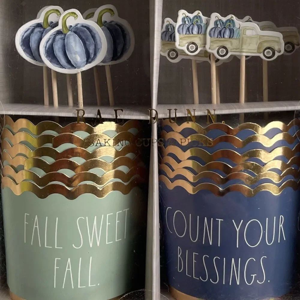 Rae Dunn 12 Piece Fall Sweet Fall & Count Blessings Cupcake Liners & Picks NWT